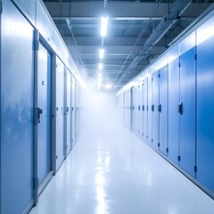 Brightly lit hallway with rows of blue metal doors