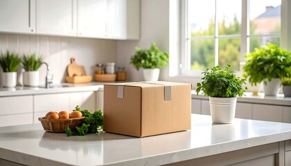 Cardboard box sits on a kitchen counter amongst fresh herbs and eggs