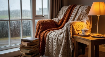 A comfortable armchair with warm knitted blankets in a cozy reading nook by a rainy window, perfect for a relaxing day.