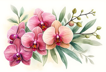 A vibrant bouquet featuring pink and peach orchids surrounded by lush green leaves, creating a serene and refreshing display of nature's elegance.