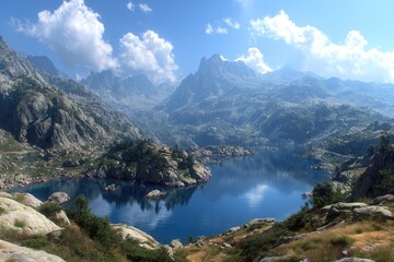 Obraz premium Mountain lake nestled in a rocky valley under a vibrant blue sky