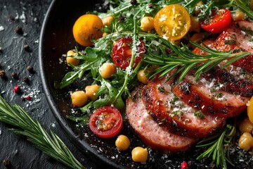 Grilled sausage with salad and chickpeas