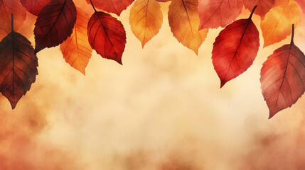 Fototapeta premium Vibrant Autumn Leaves in Shades of Orange and Red Against a Soft Beige and Brown Background Creating a Warm Seasonal Atmosphere