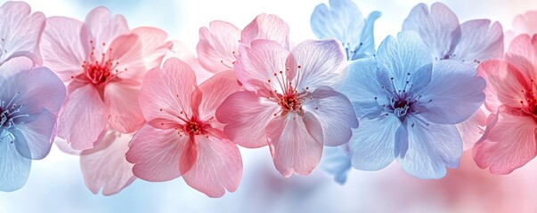 Translucent sakura flowers in pastel hues, arranged in a seamless pattern for a soft, elegant backdrop in design, Generative AI