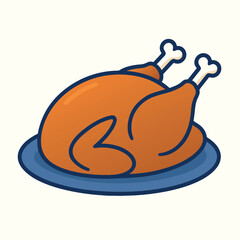 Roast Turkey on Plate, Thanksgiving Dinner, Holiday Meal Vector Illustration  