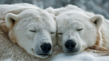 Close-up of two polar bears curled up together sleeping in the snow, Alaska, USA
