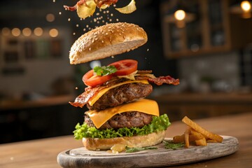 Floating Burger Ingredients in Mid-Air &ndash; Dynamic Food Concept with Warm Kitchen Vibes