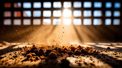 Sunlight illuminates dust rising from a pile of brown material.