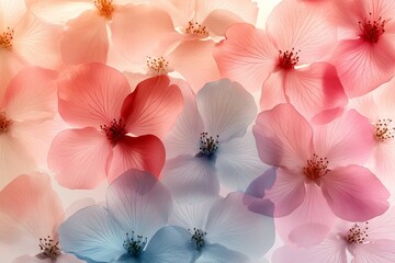Translucent sakura flowers in pastel pink, blue, yellow, and white, forming a seamless repeating pattern that evokes a peaceful, delicate ambiance, Generative AI