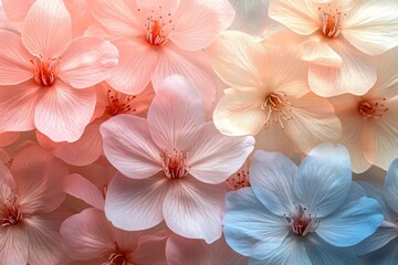 Translucent sakura flowers in pastel pink, blue, yellow, and white, forming a seamless repeating pattern that evokes a peaceful, delicate ambiance, Generative AI