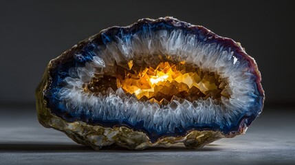 A colorful agate geode with inner crystals.