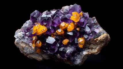 Cluster of purple and orange crystals on a rock.