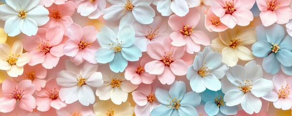 Sakura flowers in pastel pink, blue, yellow, and white, arranged in a seamless repeating pattern, creating a serene and spring-like atmosphere, Generative AI