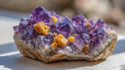 Cluster of amethyst and citrine crystals on a rock.