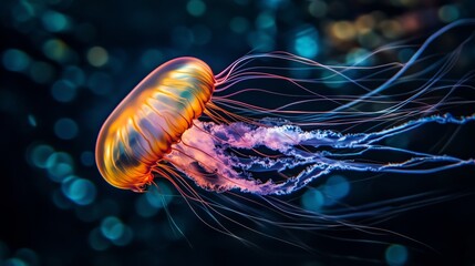 Colorful jellyfish swimming gracefully in ocean waters with vibrant blue and purple hues