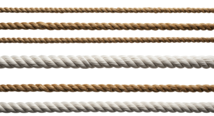 Three thick white braided and four thin brown natural ropes, horizontally arranged with distinct textures on a pristine high-key studio background, concept of robust partnerships