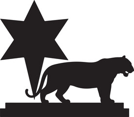 Tiger silhouette positioned near star shaped trophy black color vector on white background