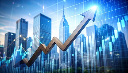 A wooden arrow ascends before a cityscape, overlaid with financial graphs indicating growth