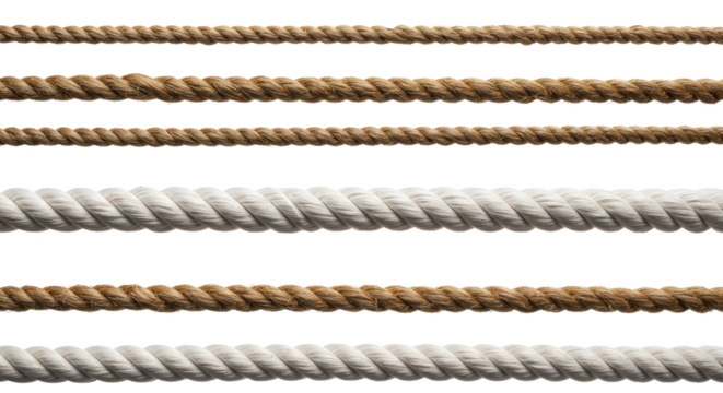 Three thick white braided and four thin brown natural ropes, horizontally arranged with distinct textures on a pristine high-key studio background, concept of robust partnerships