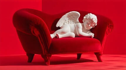 A sleeping cherub figure on a red chaise lounge.