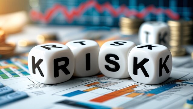 Risk Management Concept with Dice Letters on Financial Charts – Investment and Market Strategy