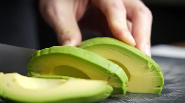Chef's hand carefully slicing a vibrant green avocado on a dark cutting board. Concept of healthy food preparation and cooking.
