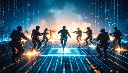 Futuristic soldiers in combat gear engage in high-tech battle amid holographic grids and digital chaos—precision, power, and tactical intensity in motion.