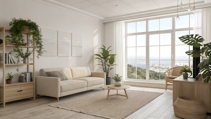 Minimalist Bright Living Room with Light Beige Furniture, Large Window & Indoor Plants in Scandinavian Style

