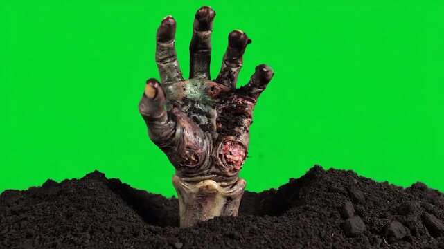 Zombie Hand Rising from Grave - Green Screen - A decaying zombie hand bursts from the earth against a bright green screen background.
