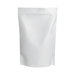 A blank, white, stand-up pouch with a zipper seal, isolated on a white background.