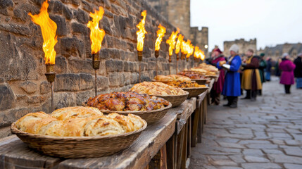 Fototapeta premium Traditional feast with baked goods displayed on wooden tables illuminated by torches in a historic setting with people enjoying the atmosphere