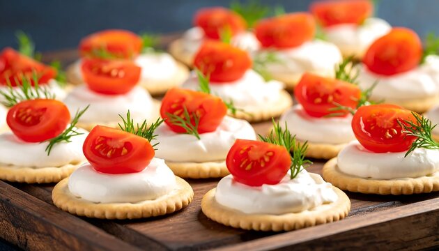 Creamy cheese crackers with cherry tomatoes
