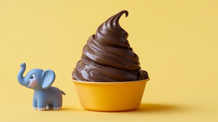 Whimsical chocolate swirl treat with adorable elephant toy on cheerful yellow background perfect for kids