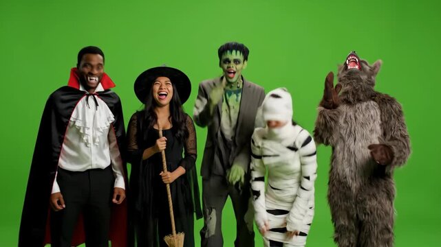 Diverse Friends in Halloween Costumes Laughing - A diverse group of friends dressed in various Halloween costumes, including a vampire, witch, Frankenstein, mummy, and werewolf, laugh and interact
