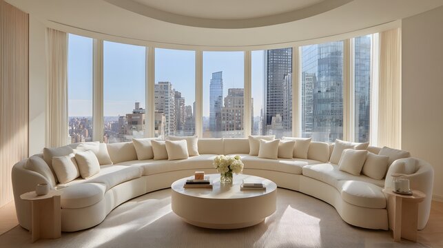Cream-colored curved sectional sofa in a modern city apartment.