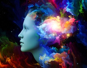 An abstract profile of a head with vibrant, colorful nebula-like clouds erupting from it