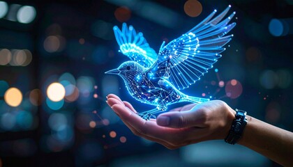 A holographic bird of blue light perches on an open hand—tech meets nature in a luminous moment of connection, imagination, and futuristic serenity.