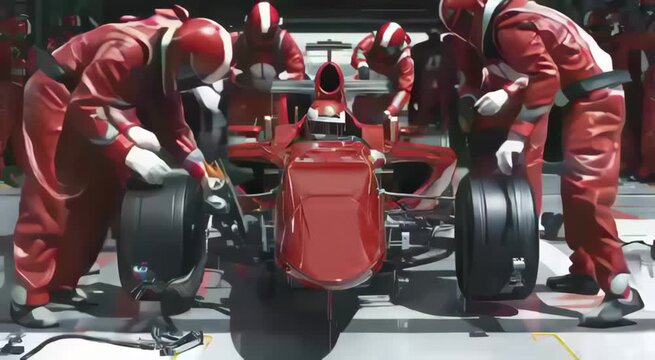 Formula Team of mechanics in red uniforms performing tire change on a race car in a high-tech garage