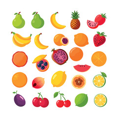 Flat Design Colorful Fruits Vector Pack. Healthy Organic Fruit Clipart Bundle of Apple, Orange, Grapes, Strawberry, Lemon, Pineapple, and More mix fruits