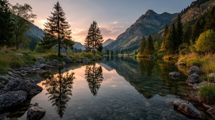 Fototapeta premium Sunset at a calm mountain lake in Austria