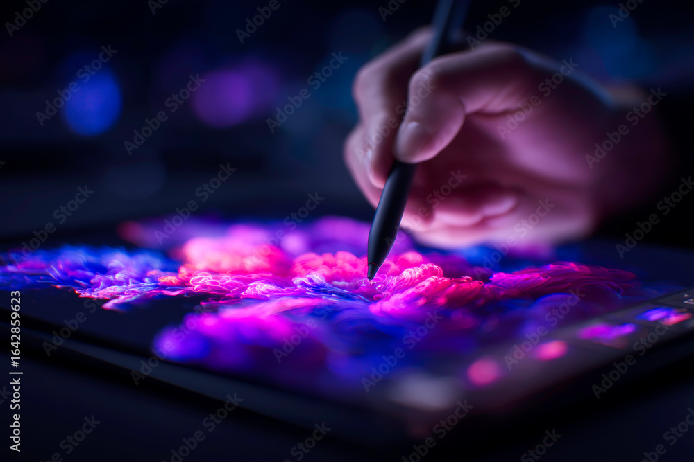 Poster digital art tablet with stylus and line art sketch on dark background for creative workspace