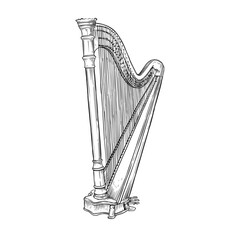 harp musical instrument vector line art hand drawn illustration