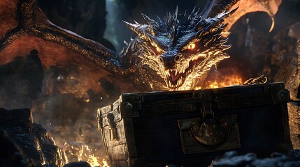 Ferocious fire dragon guarding treasure chest in mysterious cave for fantasy adventure concept