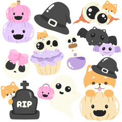 Pastel Halloween Cute Clipart Set &ndash; Kawaii Spooky Pumpkins, Ghosts, Witch Hat, Bats
