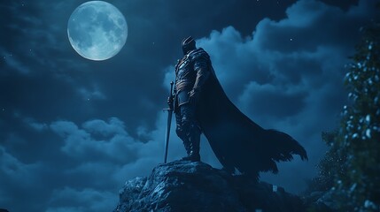 Mysterious knight stands guard under the moonlight with sword ready for battle in a fantasy world