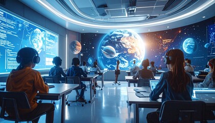 Futuristic classroom with curved Earth display—students in headphones engage with holograms and laptops, learning astronomy in a tech-immersive space.