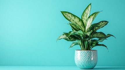 Bring nature indoors with this vibrant dieffenbachia plant against a soothing turquoise backdrop for a modern aesthetic