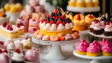 Indulge in decadent delights with this charming dessert table featuring cakes, cupcakes, and frosted sweets