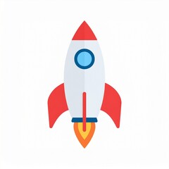 A cartoon rocket ship, colored white and red, is launching with flames coming from its base.