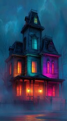 Colorful haunted house Halloween decoration, colorful haunted house spooky scene, colorful haunted house night illustration